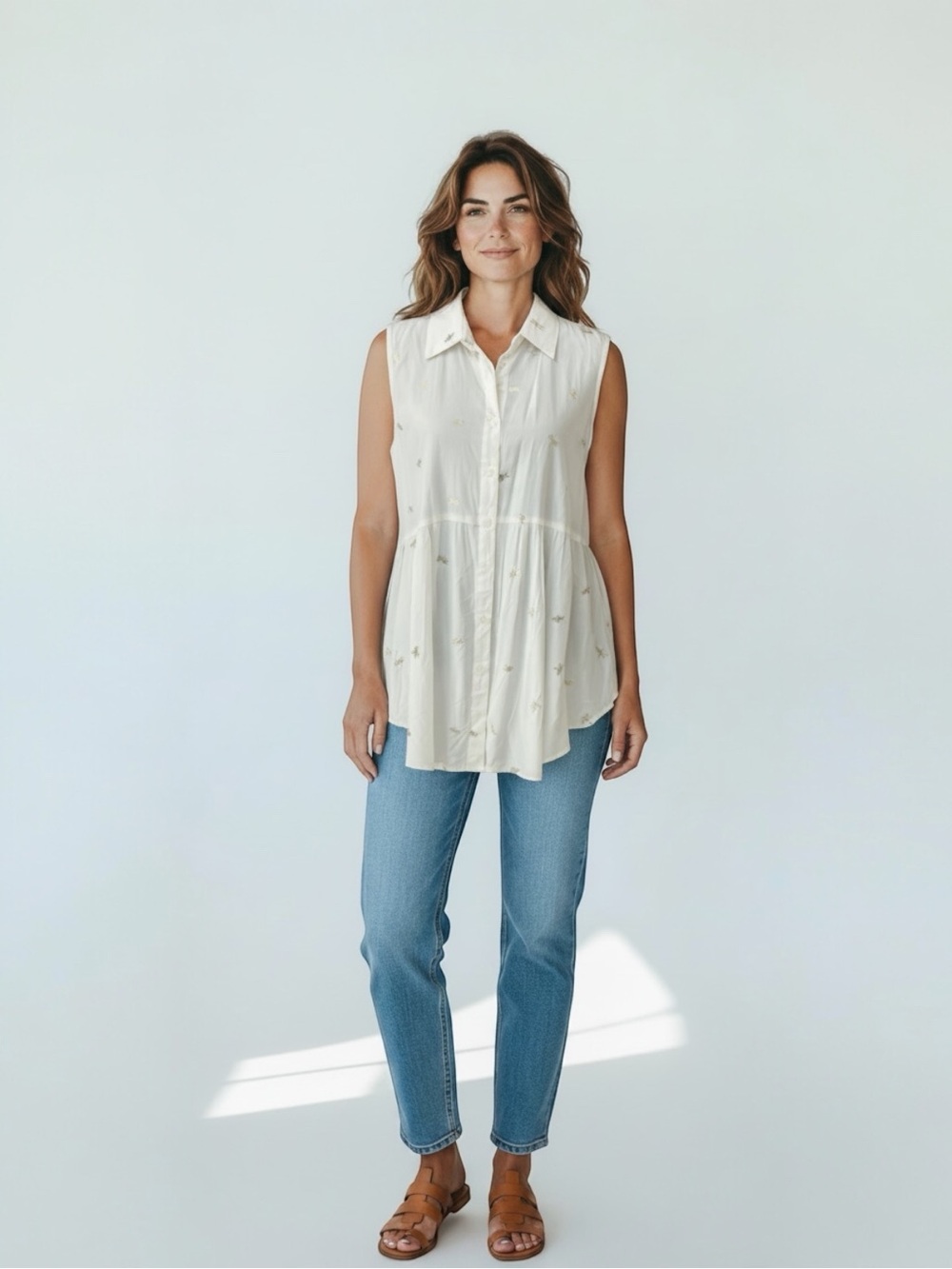Solitaire NWT white button front sleeveless dragonfly print bohemian top blouse